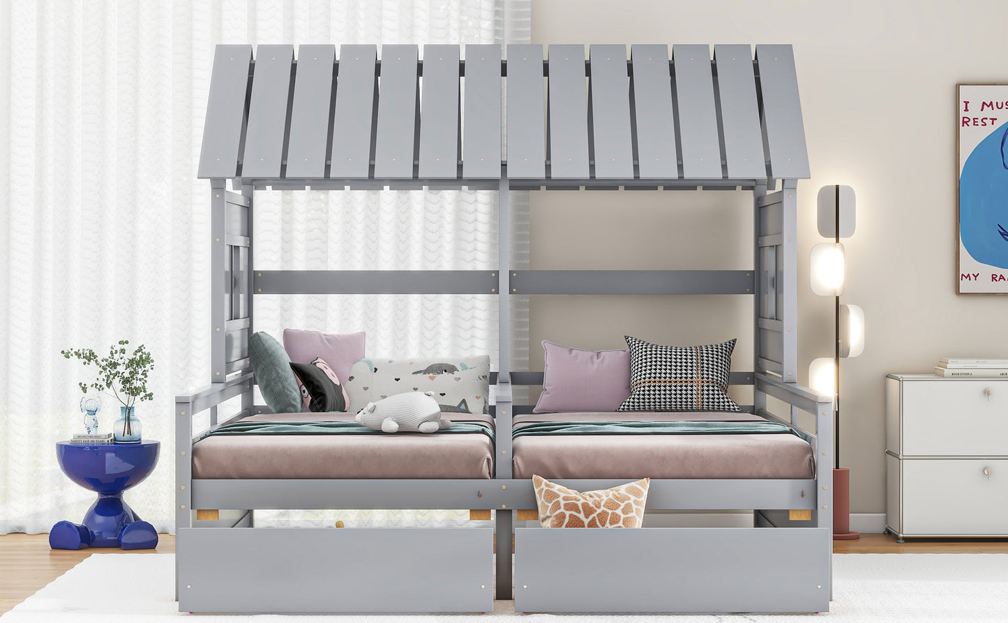 Twin Size House Platform Bed - Gray with Drawers