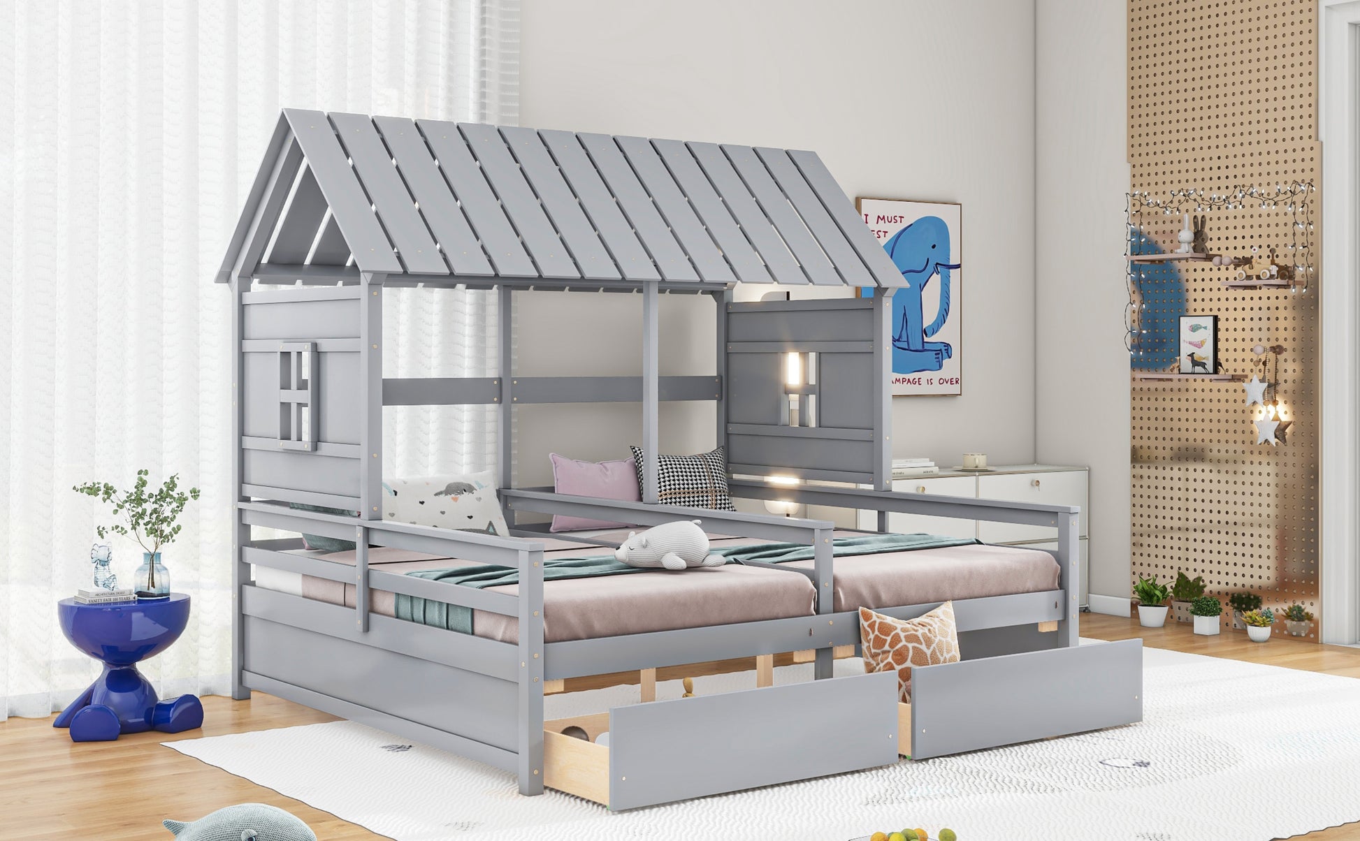 Twin Size House Platform Bed - Gray with Drawers