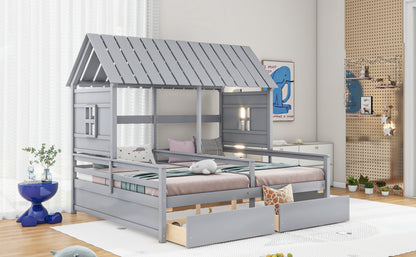 Twin Size House Platform Bed - Gray with Drawers