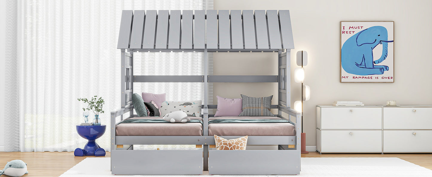 Twin Size House Platform Bed - Gray with Drawers