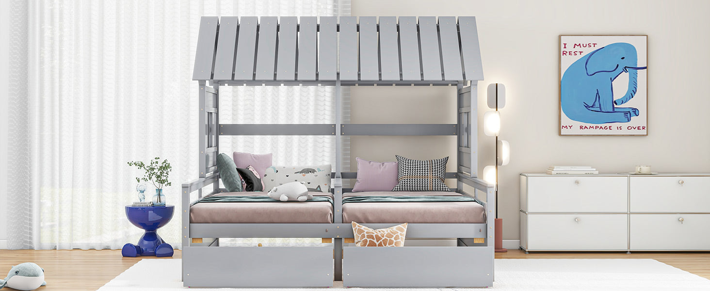 Twin Size House Platform Bed - Gray with Drawers