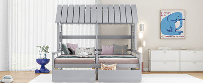 Twin Size House Platform Bed - Gray with Drawers