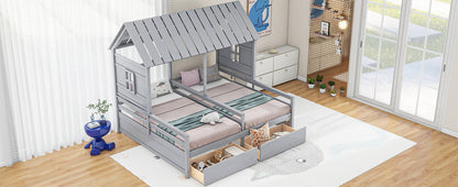 Twin Size House Platform Bed - Gray with Drawers