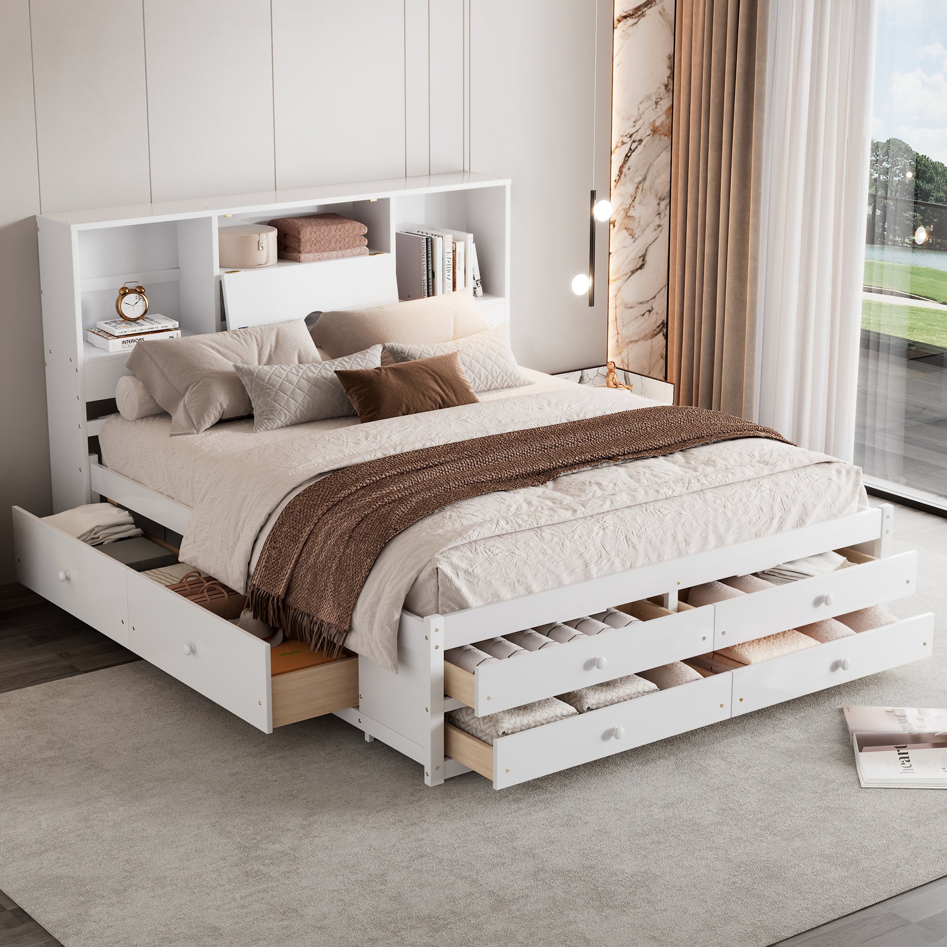 Queen Size Platform Bed with Storage - White for Bedroom