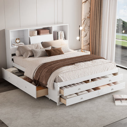 Queen Size Platform Bed with Storage - White for Bedroom