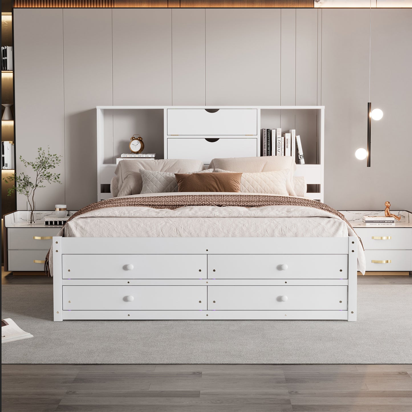 Queen Size Platform Bed with Storage - White for Bedroom