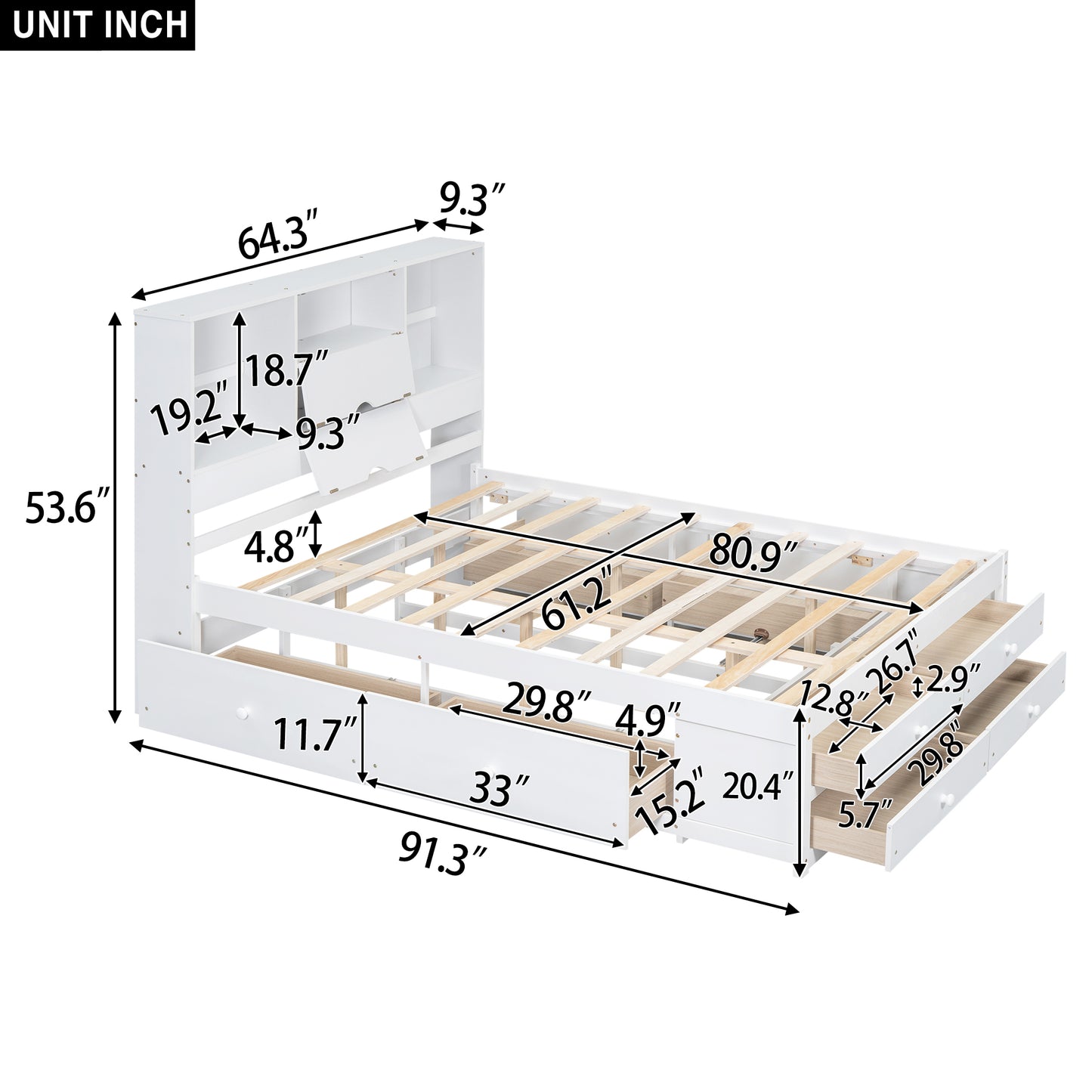 Queen Size Platform Bed with Storage - White for Bedroom