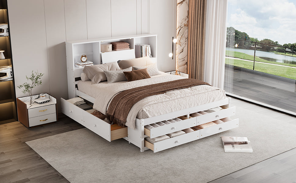 Queen Size Platform Bed with Storage - White for Bedroom
