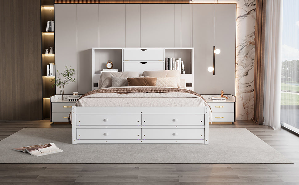 Queen Size Platform Bed with Storage - White for Bedroom