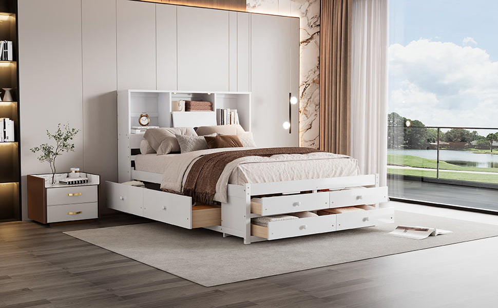 Queen Size Platform Bed with Storage - White for Bedroom