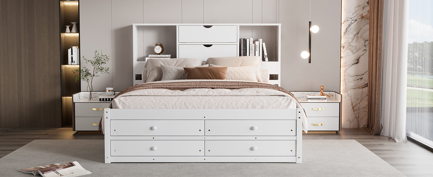 Queen Size Platform Bed with Storage - White for Bedroom