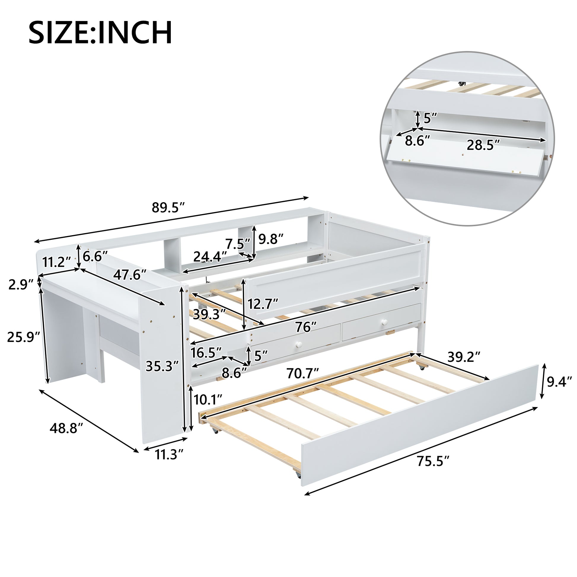 Twin Daybed with Trundle & Storage - White for Bedroom
