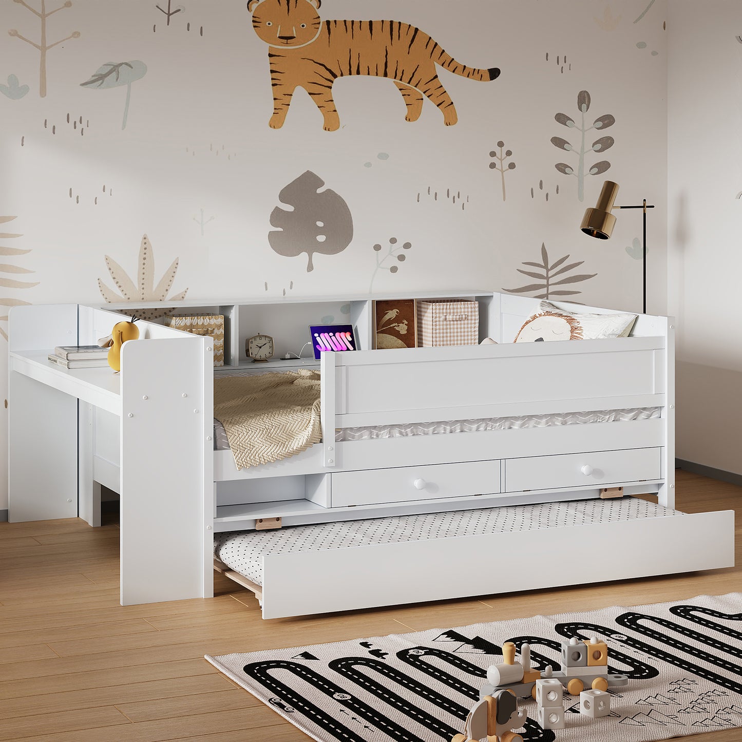 Multi-Functional Twin Daybed with Drawers and Trundle,  Headboard Storage and Tables, USB Charging Station, White