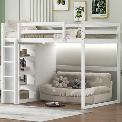 Wood Full Size Loft Bed with Built-in Wardrobe and Storage Shelves, Led light, White