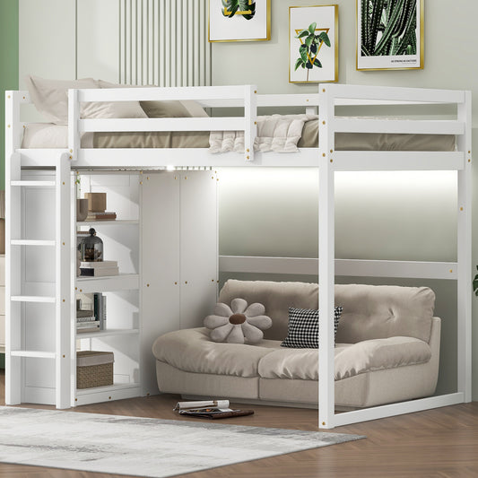 Wood Full Size Loft Bed with Built-in Wardrobe and Storage Shelves, Led light, White