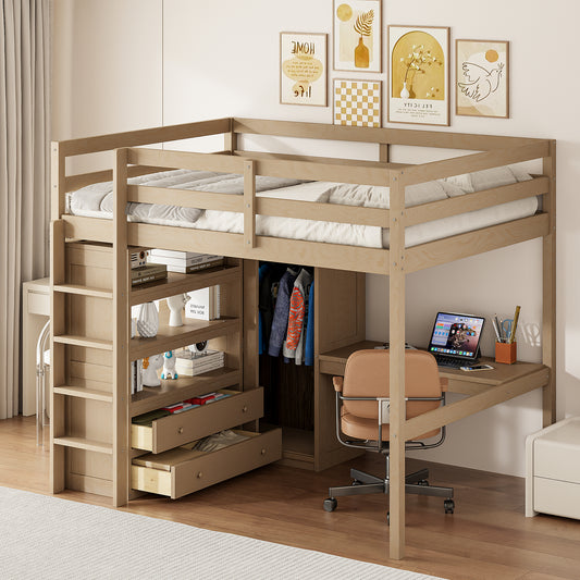 Wood Full Size Loft Bed with Built-in Wardrobe, Desk, Storage Shelves and Drawers, Walnut(Old SKU:GX000466AAD)