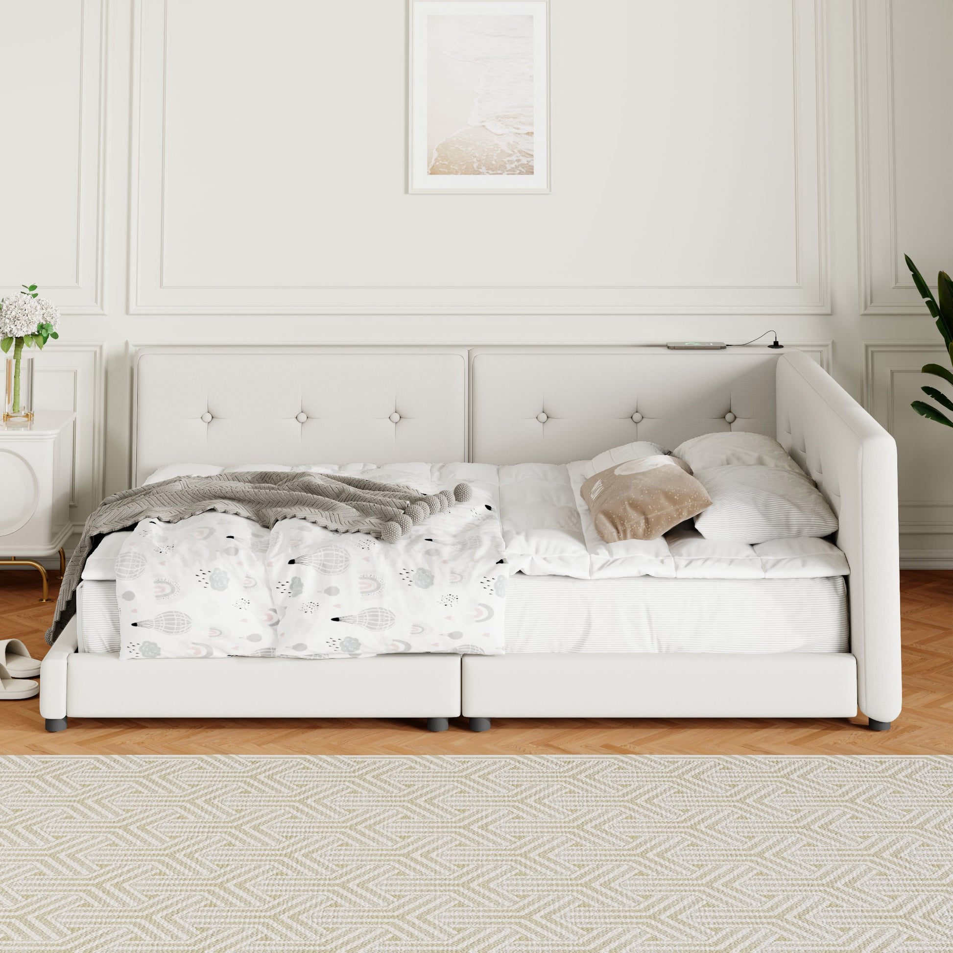 Upholstered Queen Bed - Beige Linen Comfort