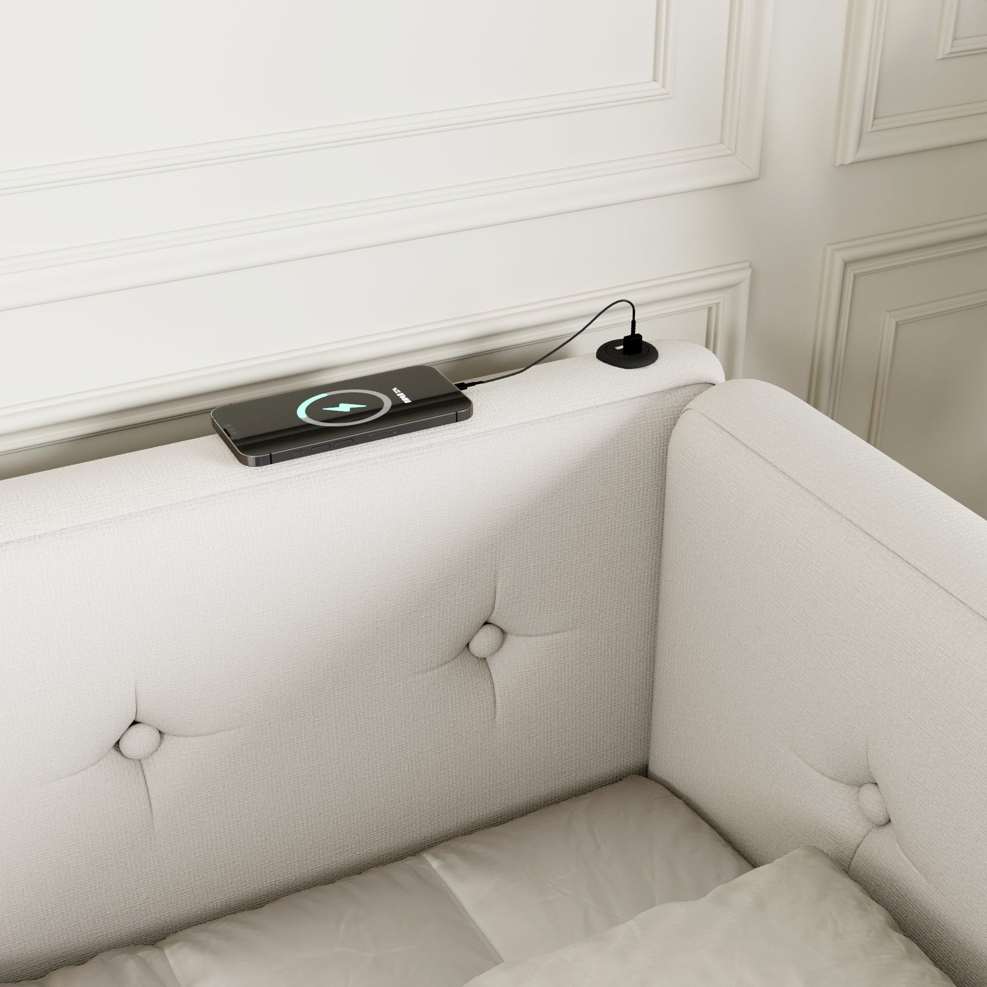 Upholstered Queen Bed - Beige Linen Comfort
