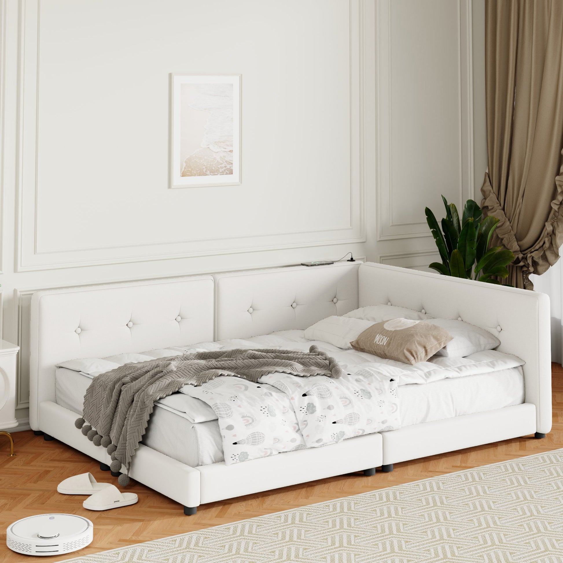 Upholstered Queen Bed - Beige Linen Comfort