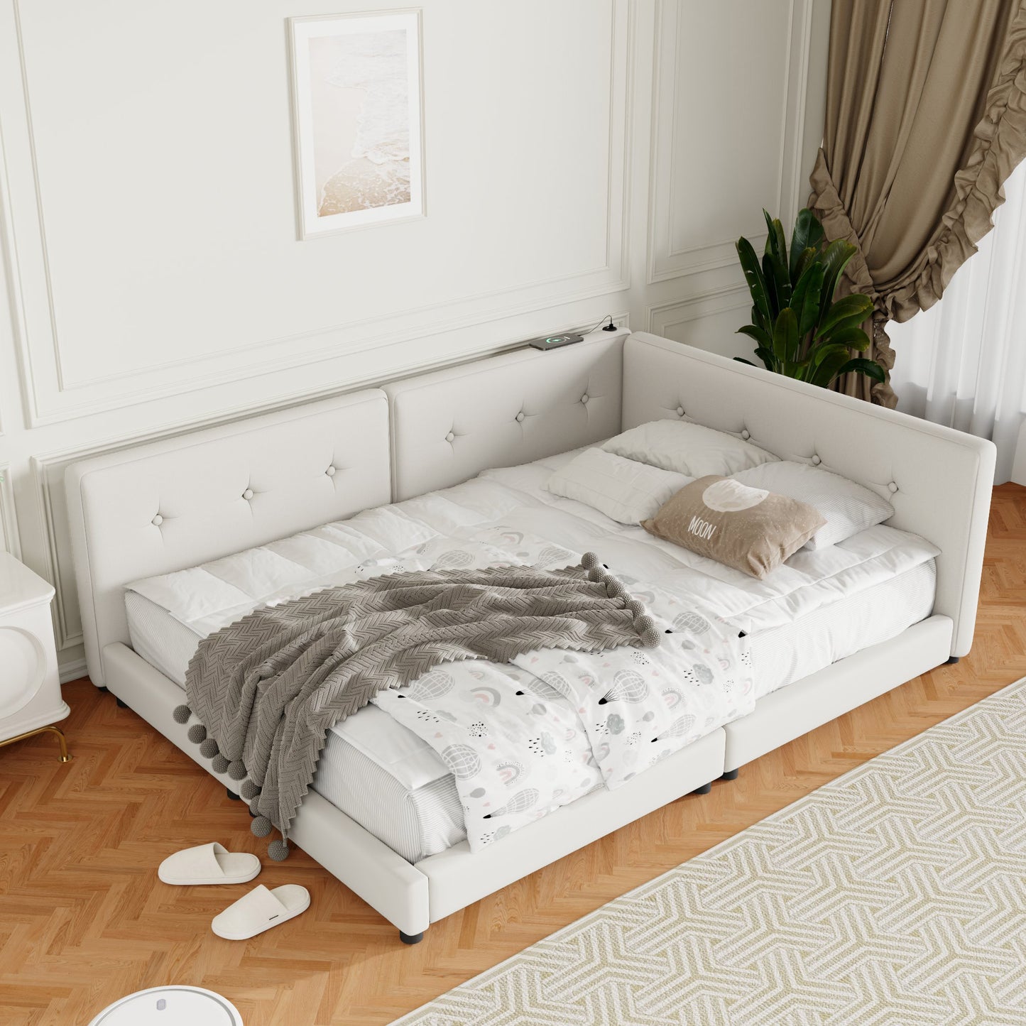 Upholstered Queen Bed - Beige Linen Comfort