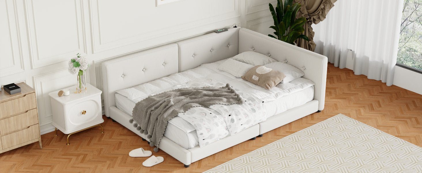 Upholstered Queen Bed - Beige Linen Comfort