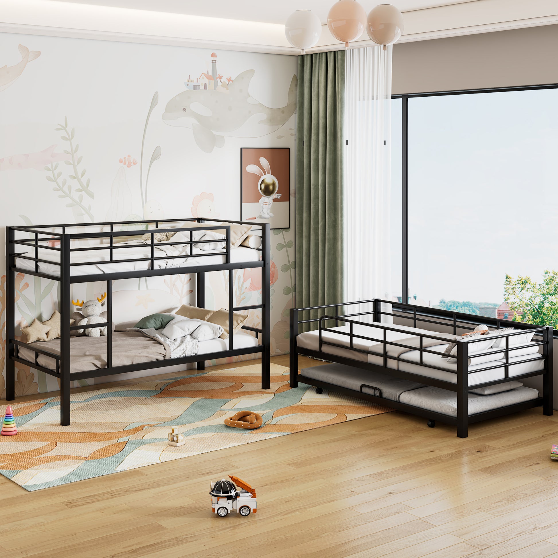Triple Bunk Bed with Trundle - Black Metal Frame