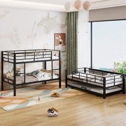 Triple Bunk Bed with Trundle - Black Metal Frame