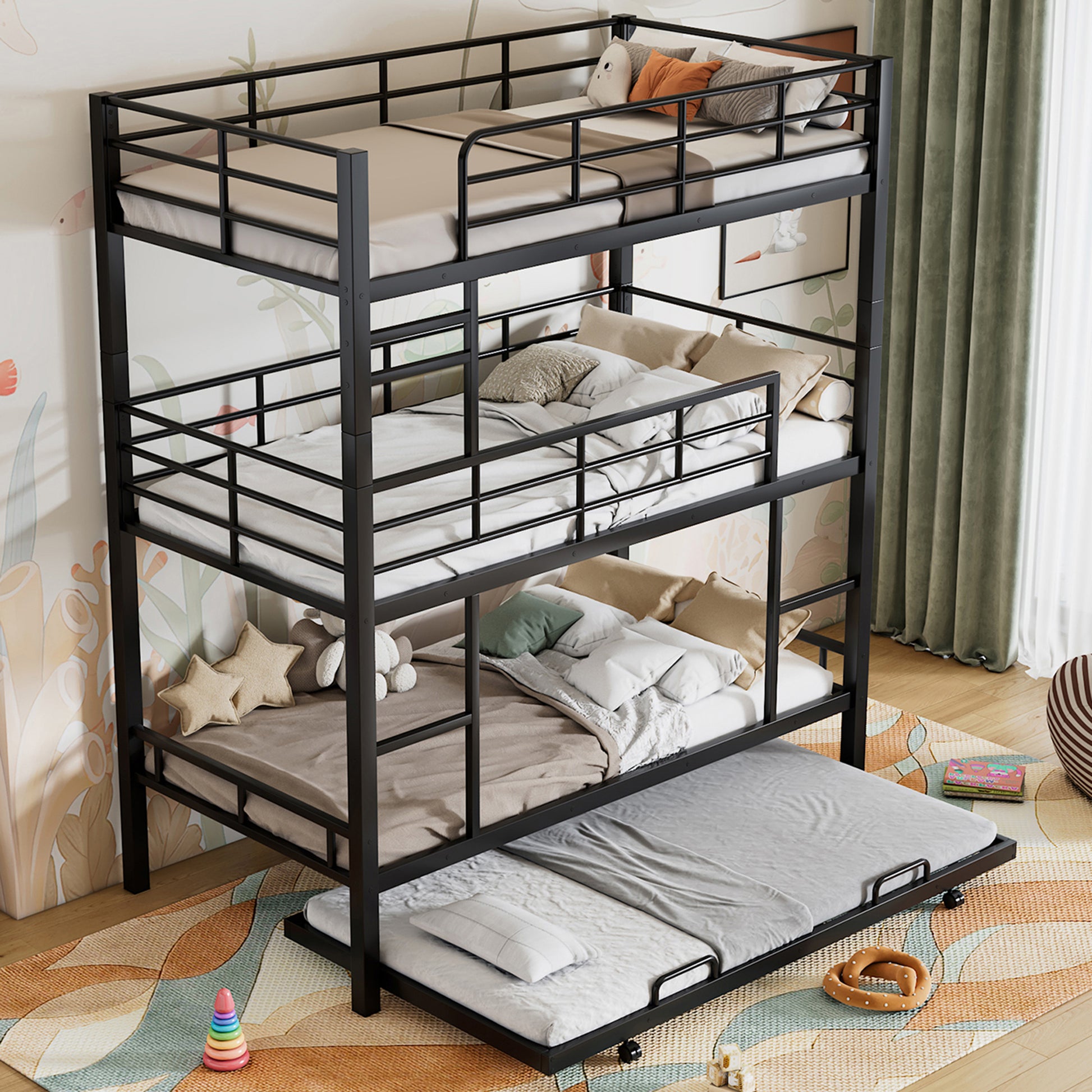 Triple Bunk Bed with Trundle - Black Metal Frame