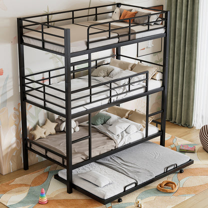 Triple Bunk Bed with Trundle - Black Metal Frame
