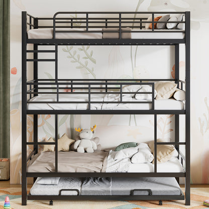 Triple Bunk Bed with Trundle - Black Metal Frame