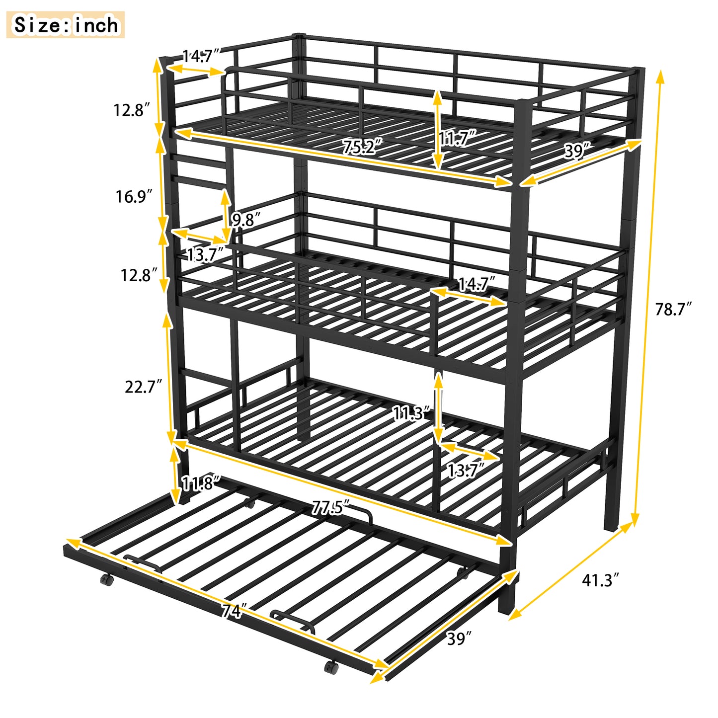 Triple Bunk Bed with Trundle - Black Metal Frame