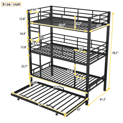 Triple Bunk Bed with Trundle - Black Metal Frame