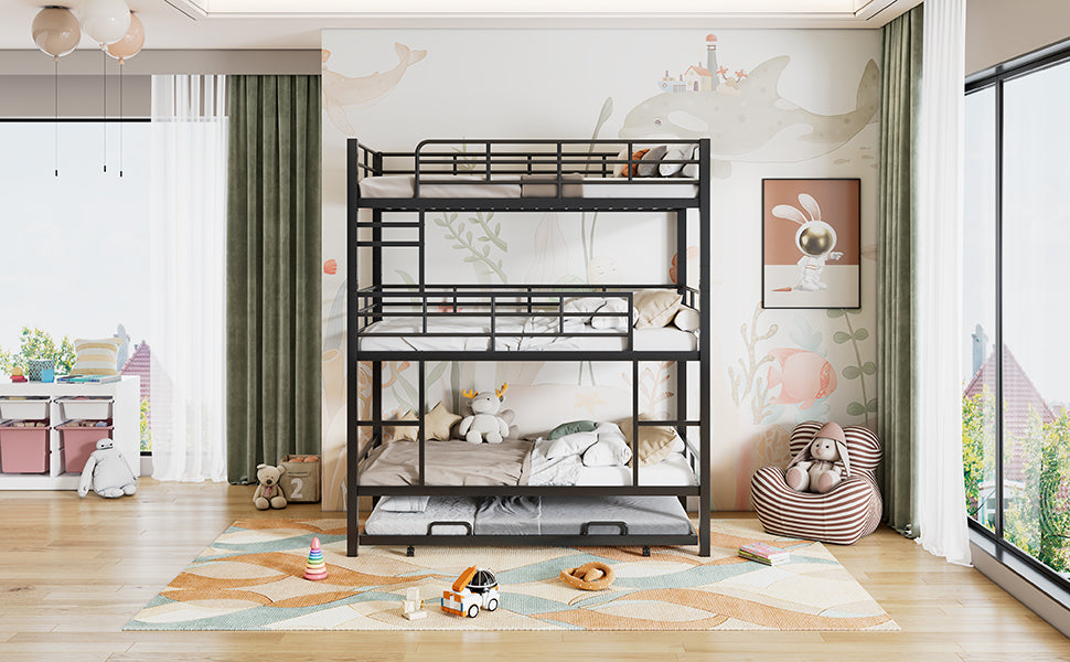 Triple Bunk Bed with Trundle - Black Metal Frame