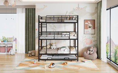Triple Bunk Bed with Trundle - Black Metal Frame
