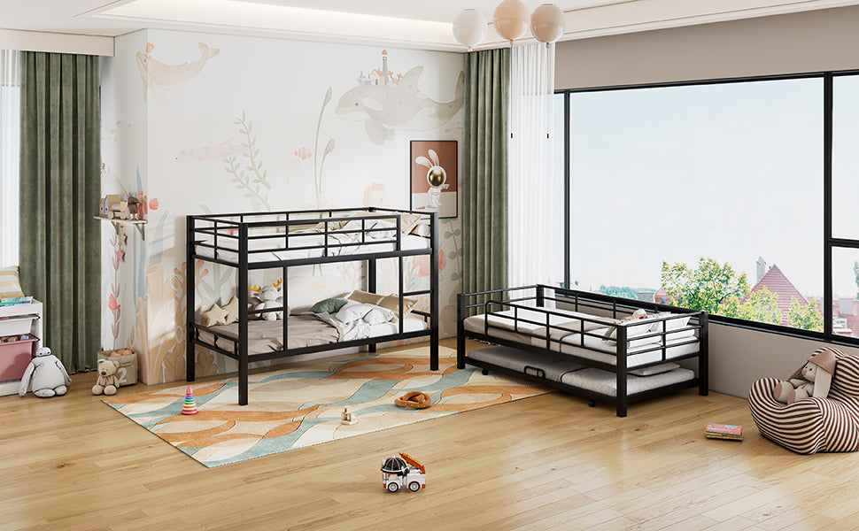 Triple Bunk Bed with Trundle - Black Metal Frame