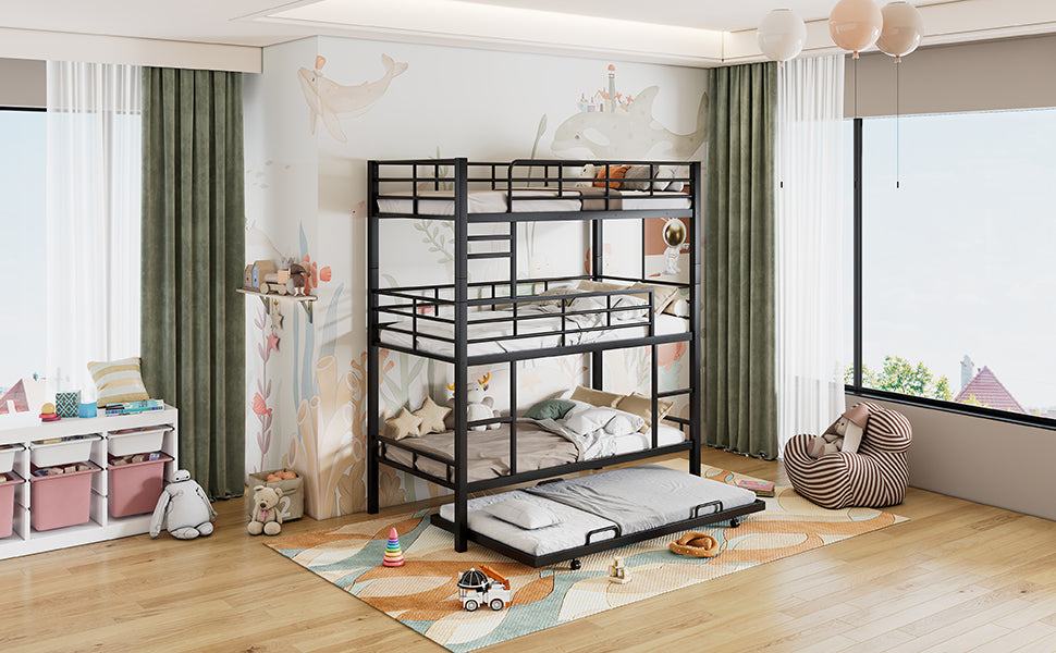 Triple Bunk Bed with Trundle - Black Metal Frame