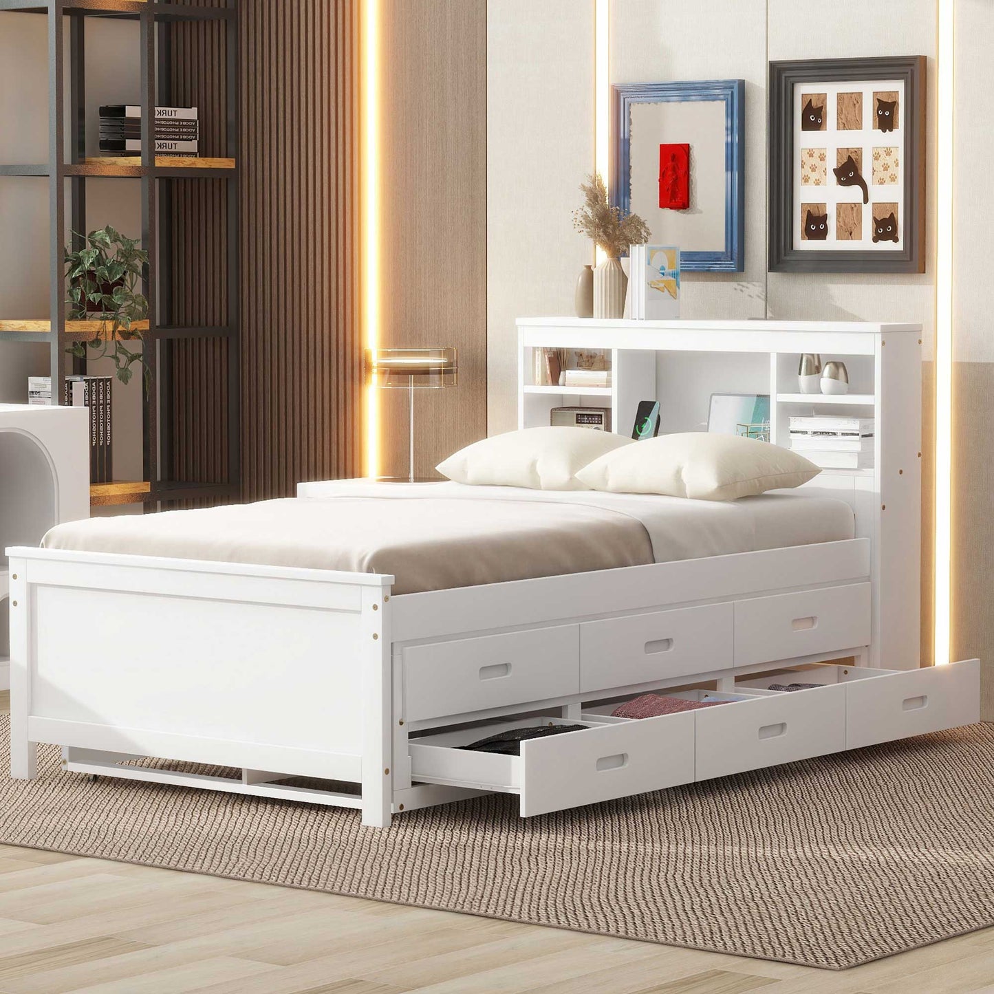 Twin Size Platform Bed with Storage - White