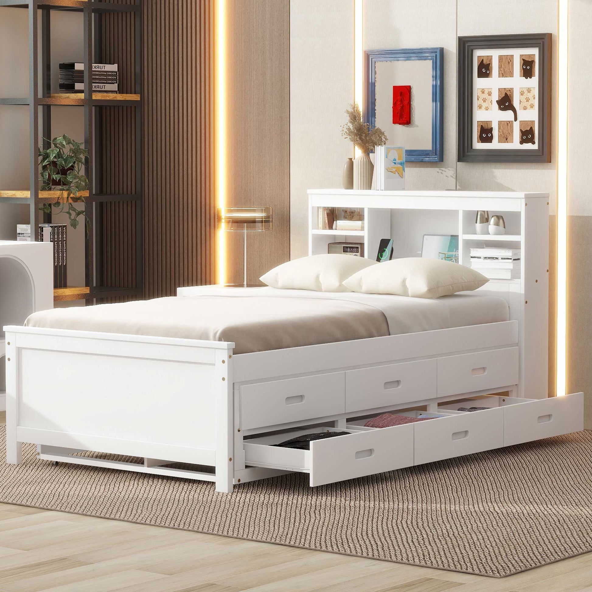 Twin Size Platform Bed with Storage - White