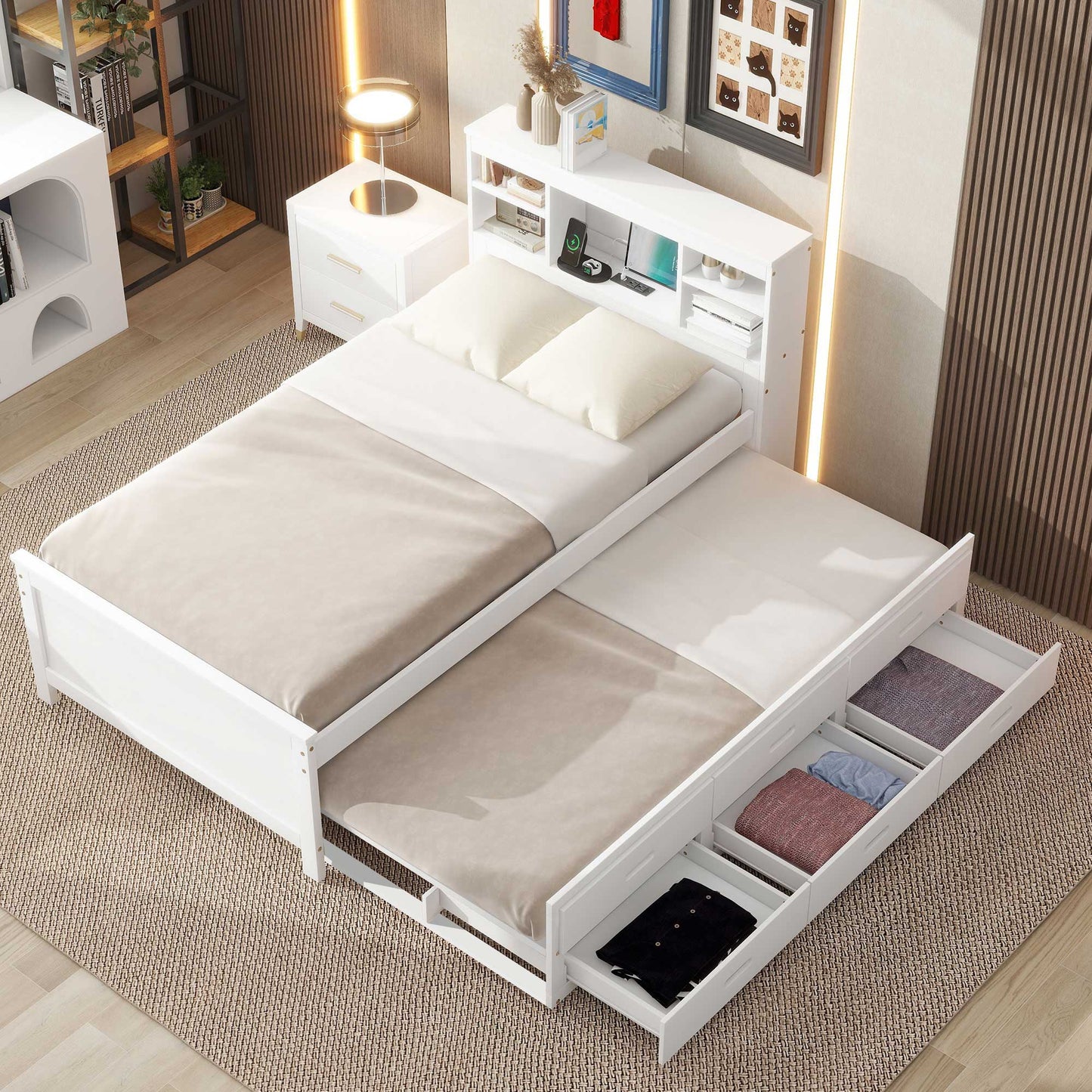 Twin Size Platform Bed with Storage - White