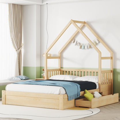 Queen Wood Bed Frame Natural with Drawers