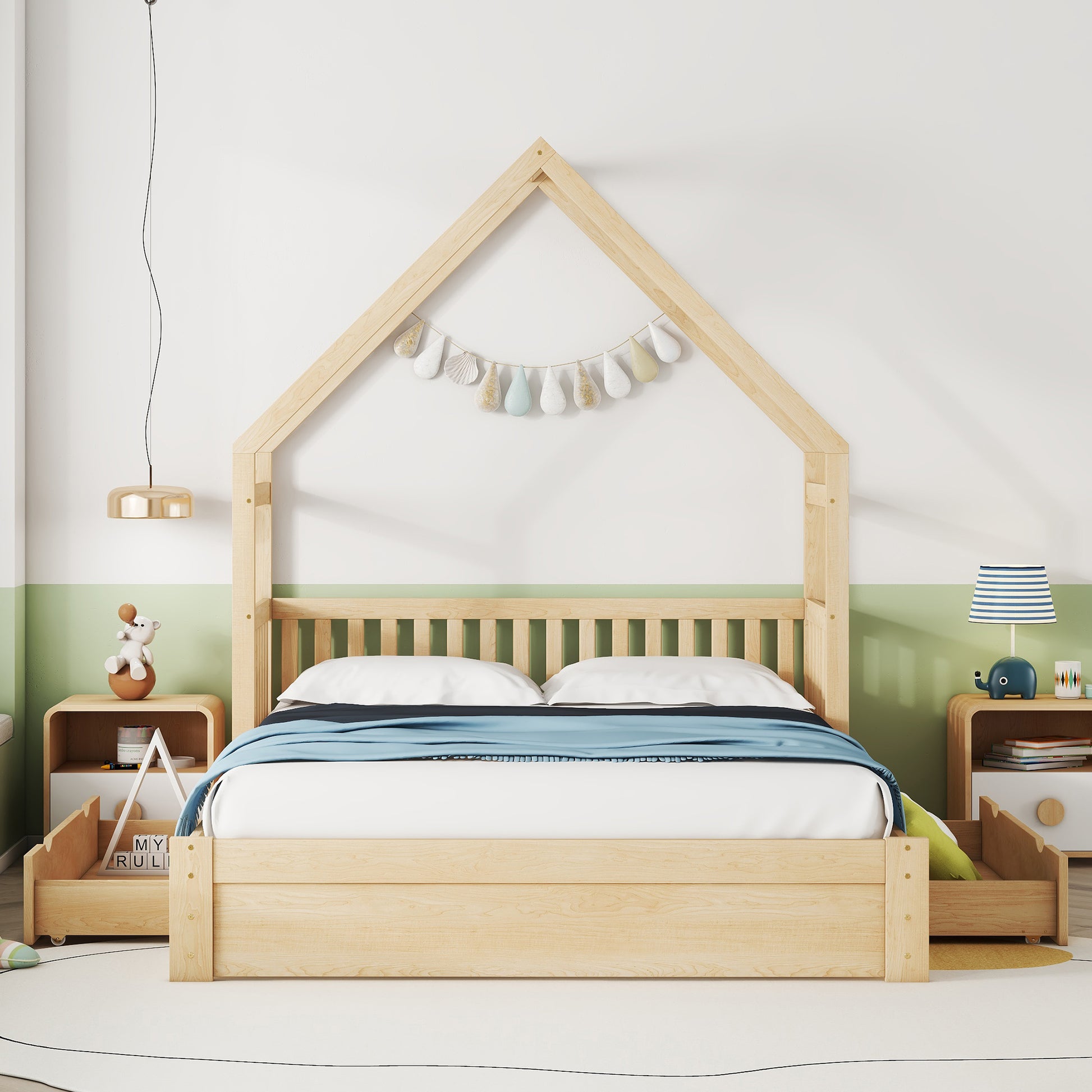 Queen Wood Bed Frame Natural with Drawers