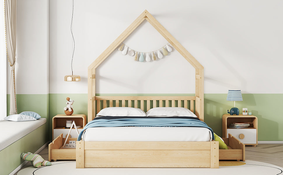 Queen Wood Bed Frame Natural with Drawers