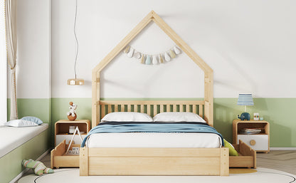 Queen Wood Bed Frame Natural with Drawers