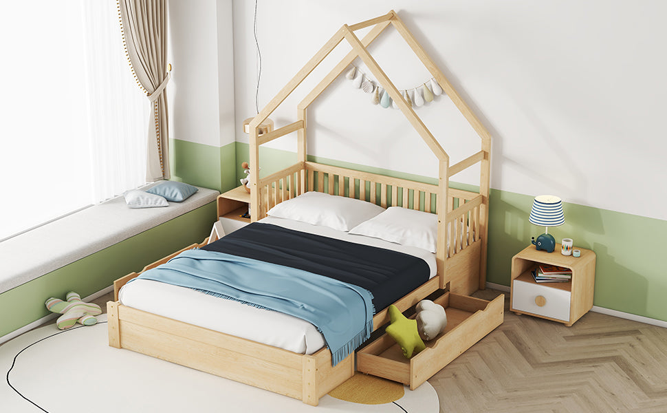 Queen Wood Bed Frame Natural with Drawers