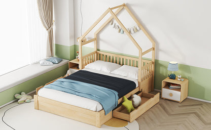 Queen Wood Bed Frame Natural with Drawers