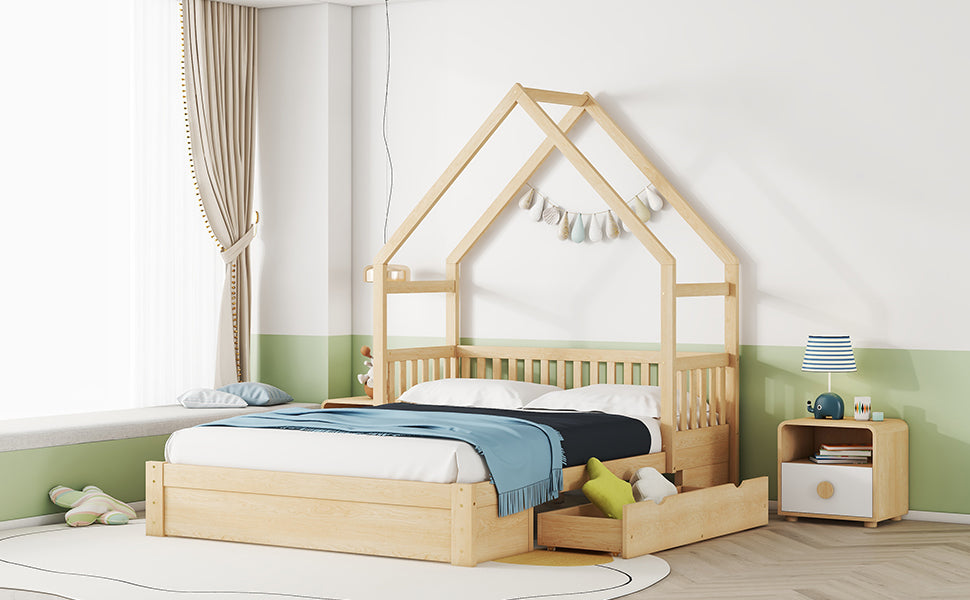 Queen Wood Bed Frame Natural with Drawers
