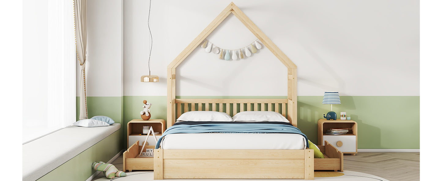 Queen Wood Bed Frame Natural with Drawers