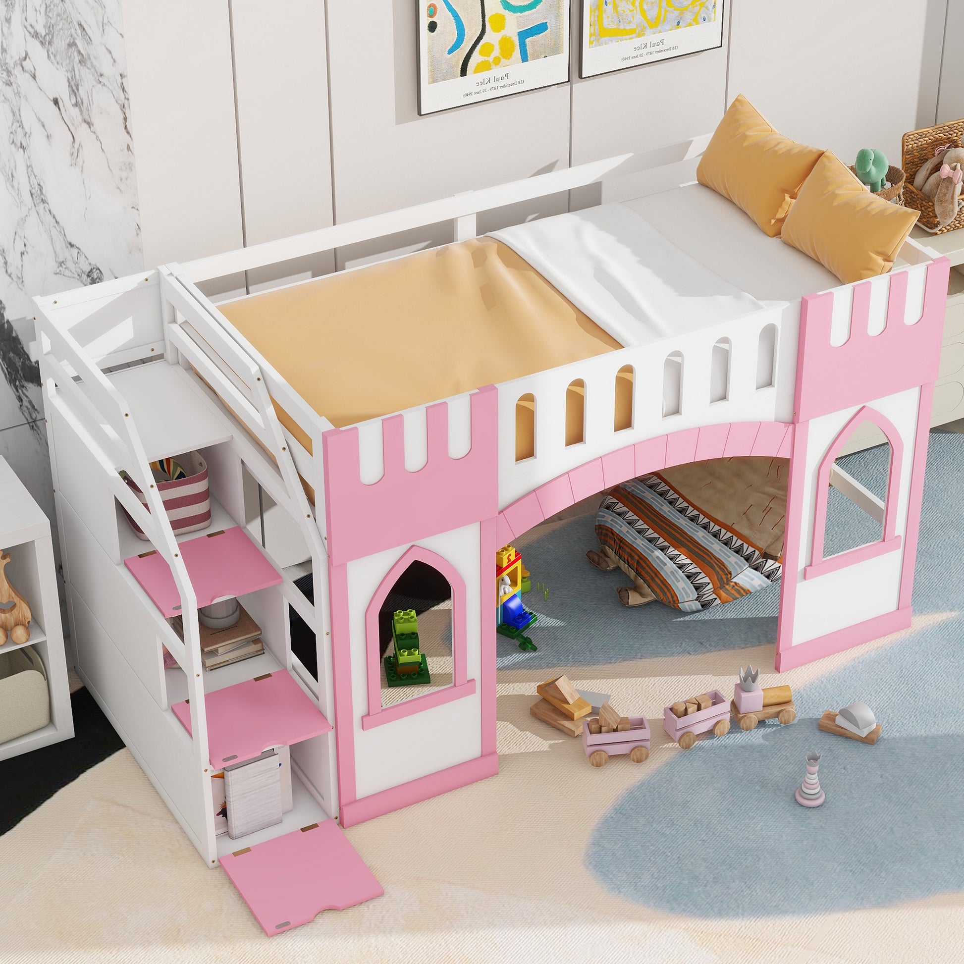 Pink Twin Loft Bed with Storage Staircase for Bedroom