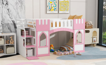 Pink Twin Loft Bed with Storage Staircase for Bedroom
