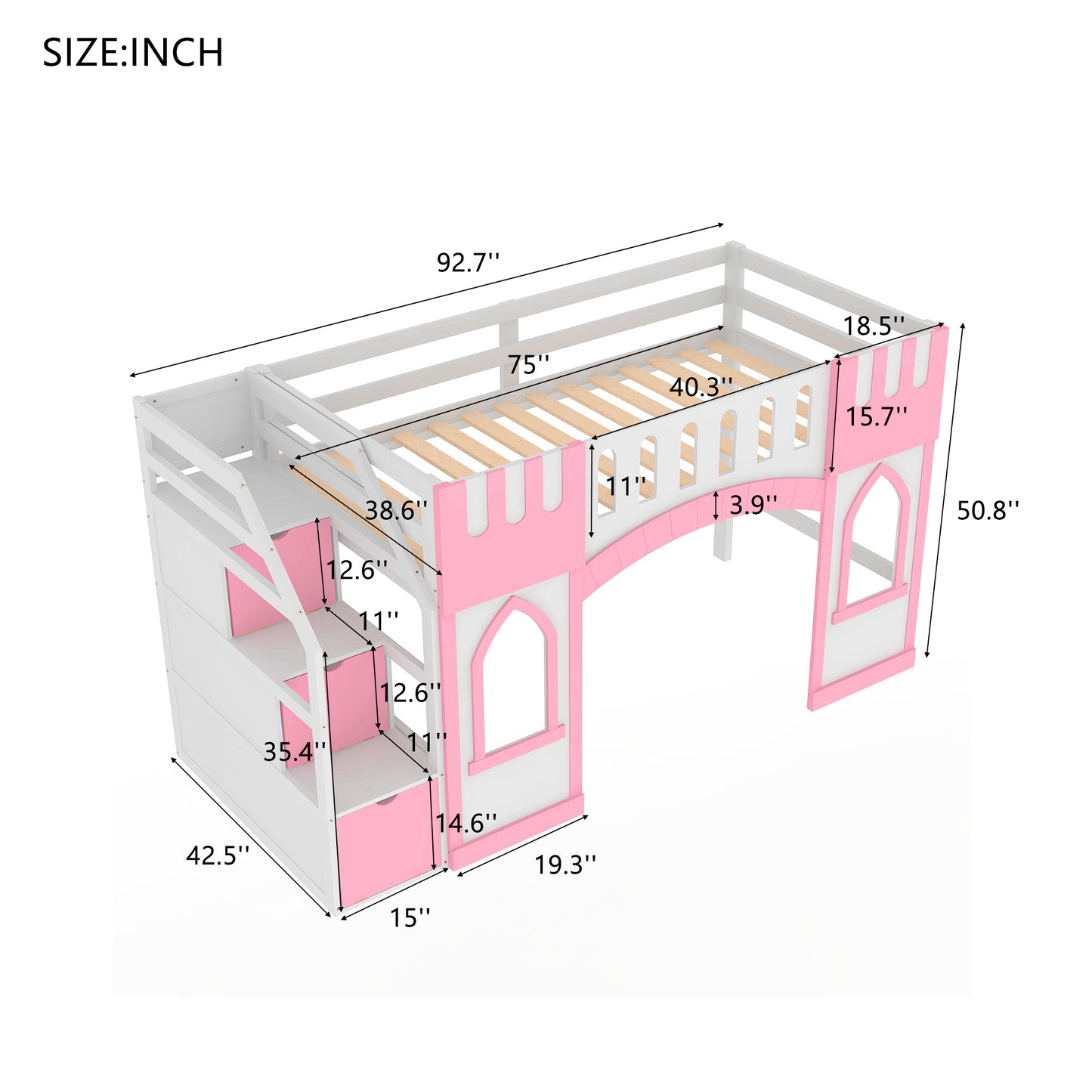 Pink Twin Loft Bed with Storage Staircase for Bedroom